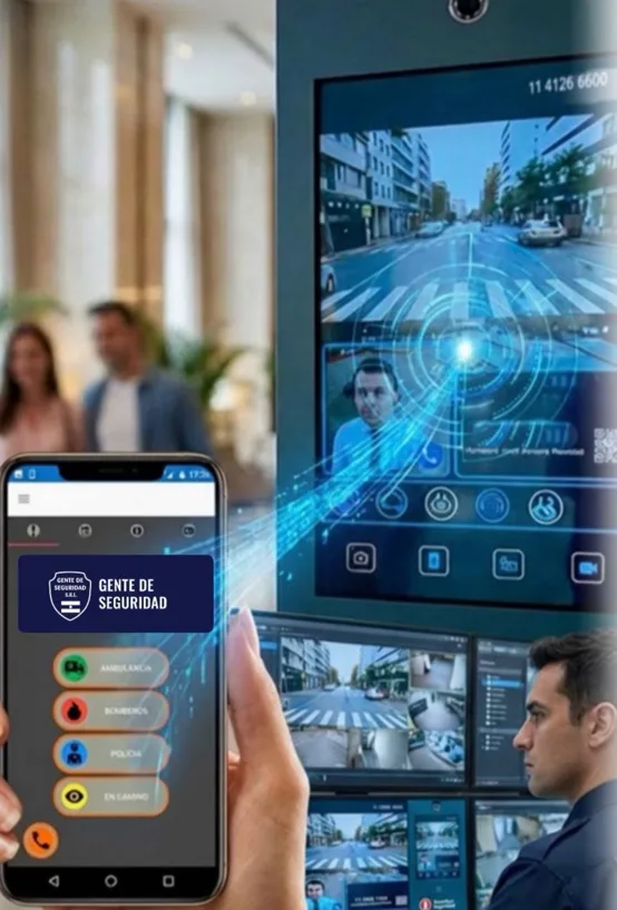 App de Gente de Seguridad con botones de Ambulancia, Bomberos, Policía y En camino
